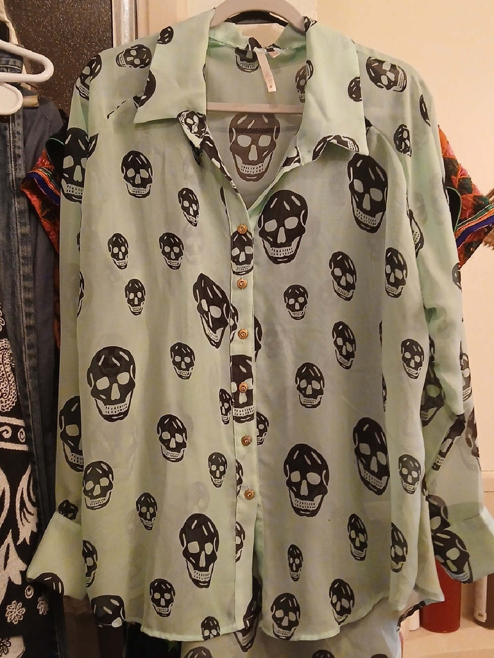 Last KISS,Skull Print Mint Green Button-Up Shirt - Unbranded, SZ2X